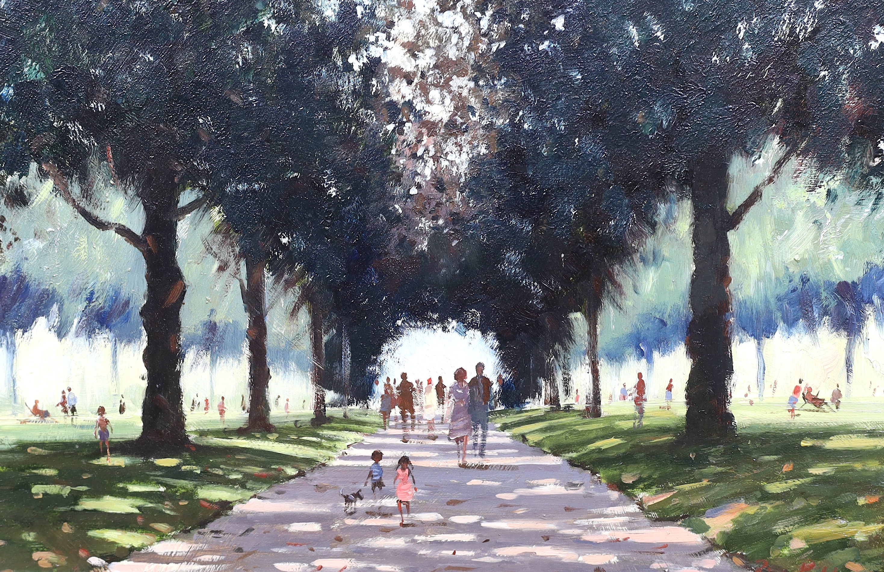 Roy Petley (English, b.1950), Figures in a park, oil on board, 29 x 44cm